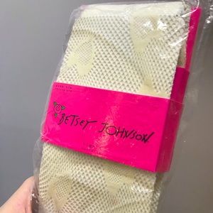 S/M Betsy Johnson cream fishnet tights with hearts NEW